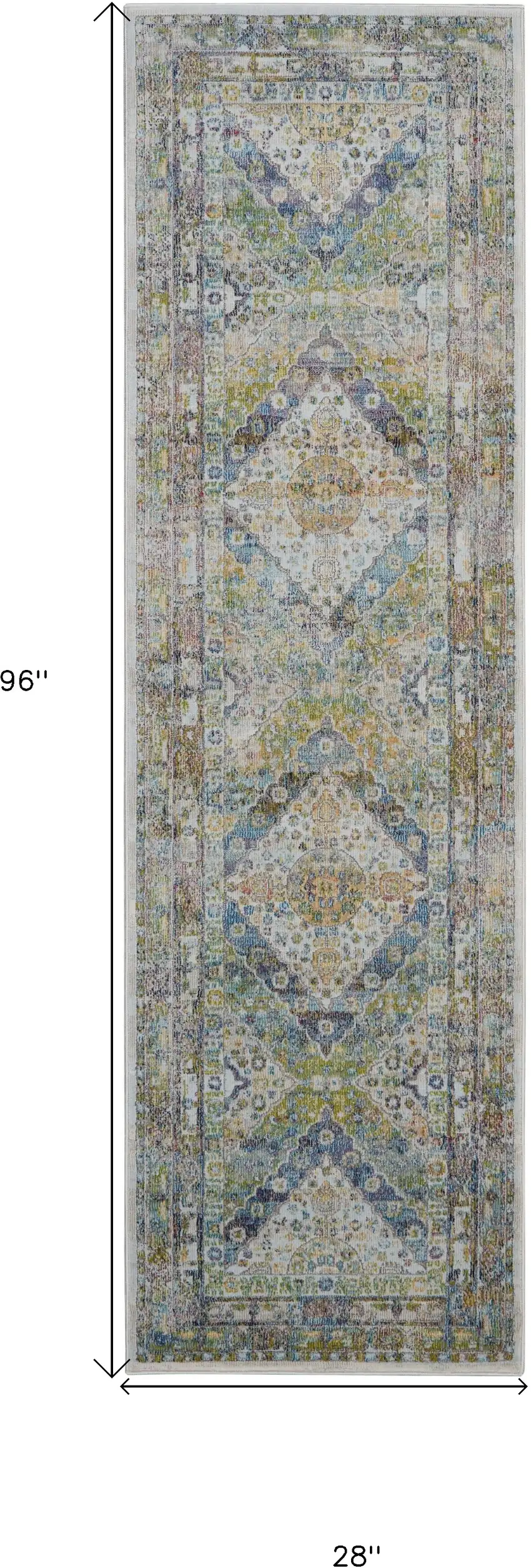 8' Ivory Blue and Green Floral Distressed Non Skid Runner Rug Photo 3
