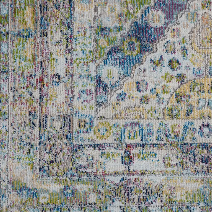 8' Ivory Blue and Green Floral Distressed Non Skid Runner Rug Photo 7