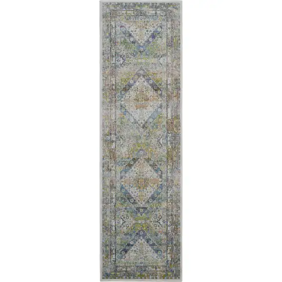 8' Ivory Blue and Green Floral Distressed Non Skid Runner Rug Photo 1