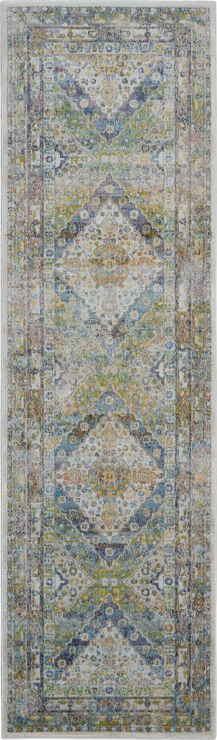 8' Ivory Blue and Green Floral Distressed Non Skid Runner Rug Photo 1
