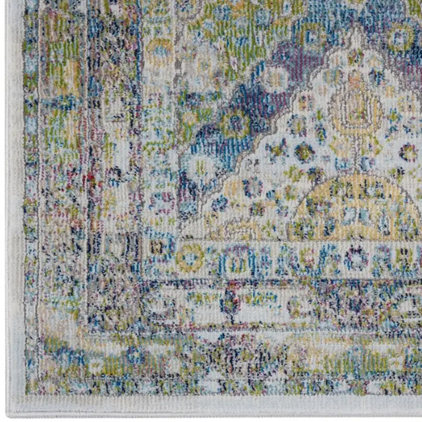 8' Ivory Blue and Green Floral Distressed Non Skid Runner Rug Photo 5