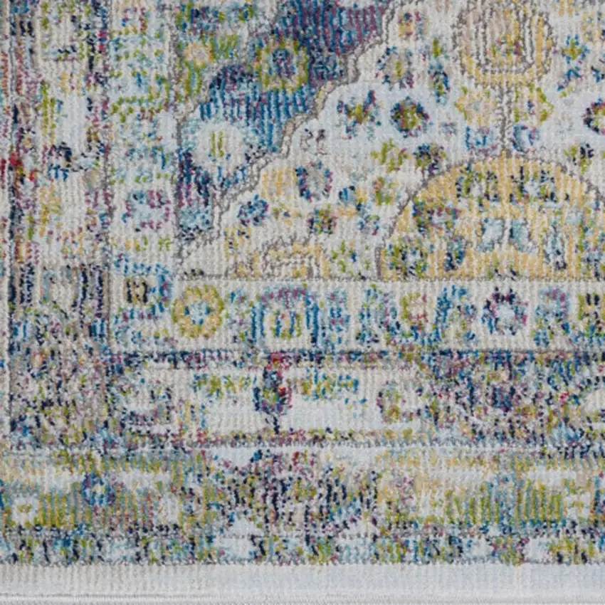 8' Ivory Blue and Green Floral Distressed Non Skid Runner Rug Photo 2