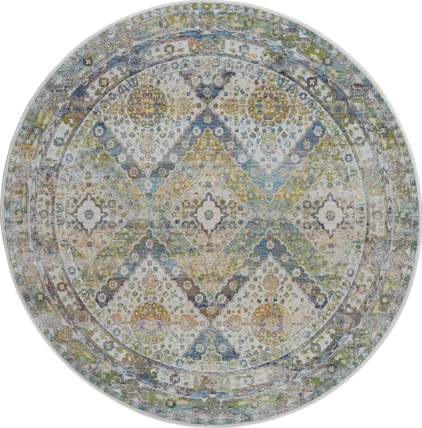 4' Ivory Blue and Green Floral Medallion Distressed Non Skid Round Rug Photo 2