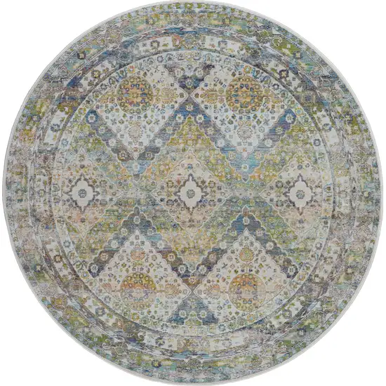 4' Ivory Blue and Green Floral Medallion Distressed Non Skid Round Rug Photo 4