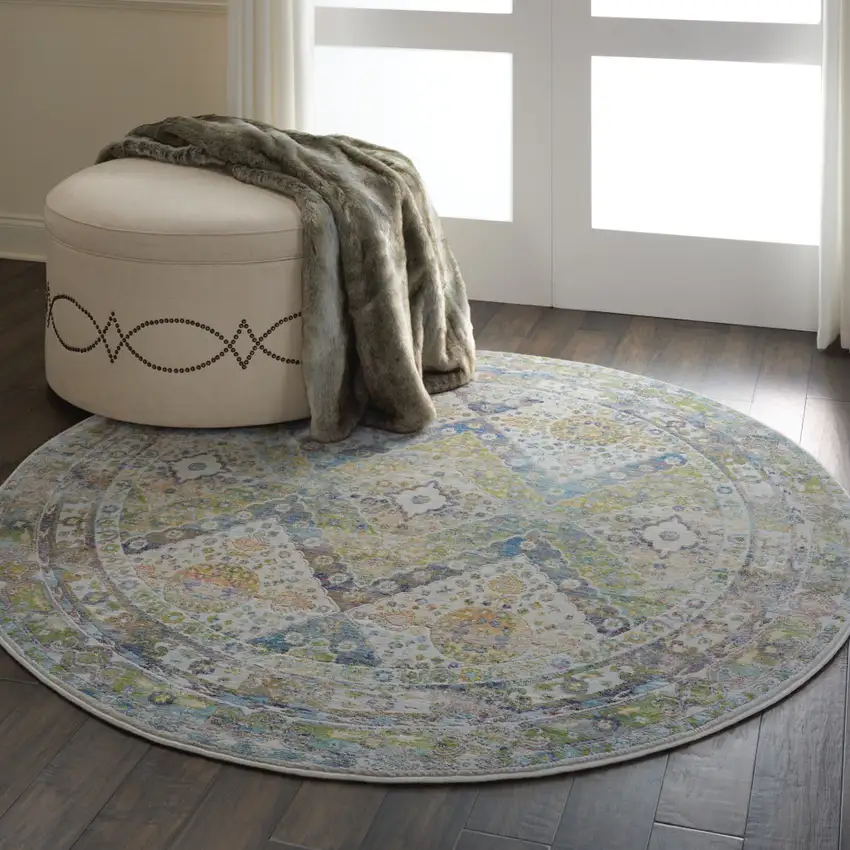 4' Ivory Blue and Green Floral Medallion Distressed Non Skid Round Rug Photo 6