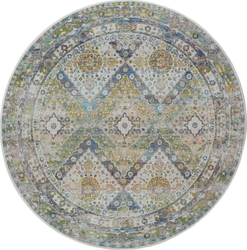 4' Ivory Blue and Green Floral Medallion Distressed Non Skid Round Rug Photo 8