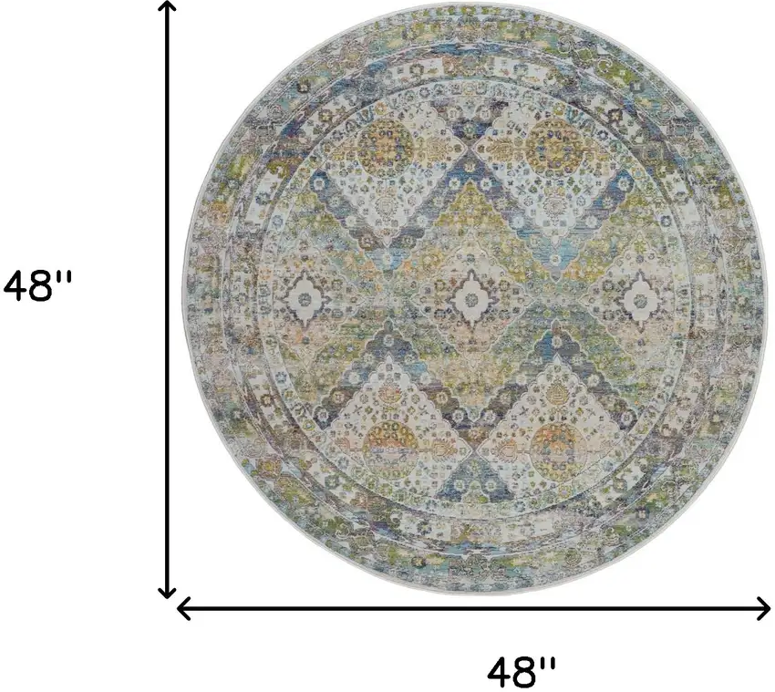 4' Ivory Blue and Green Floral Medallion Distressed Non Skid Round Rug Photo 3