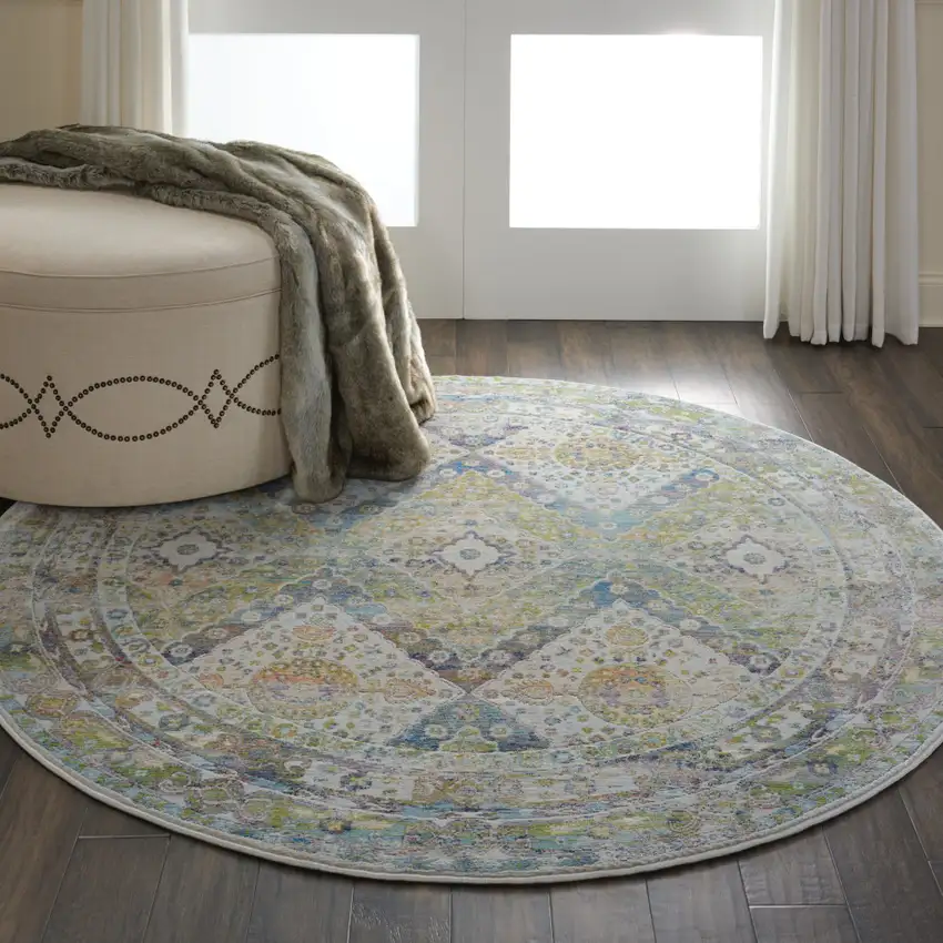 4' Ivory Blue and Green Floral Medallion Distressed Non Skid Round Rug Photo 5