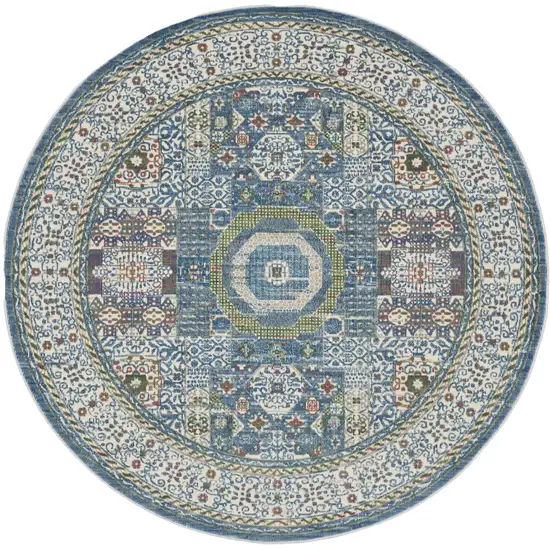 6' Ivory Blue and Green Oriental Distressed Non Skid Round Rug Photo 1