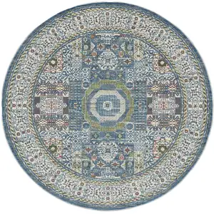 Photo of 6' Ivory Blue and Green Oriental Distressed Non Skid Round Rug