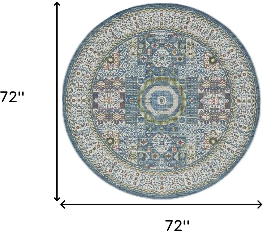 6' Ivory Blue and Green Oriental Distressed Non Skid Round Rug Photo 3