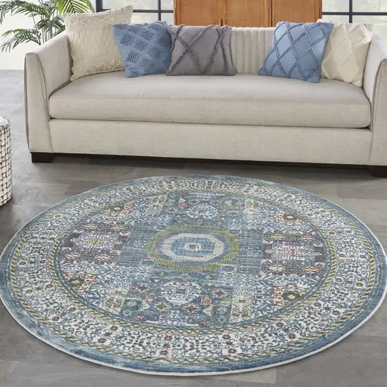 6' Ivory Blue and Green Oriental Distressed Non Skid Round Rug Photo 4