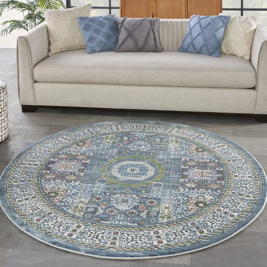 6' Ivory Blue and Green Oriental Distressed Non Skid Round Rug Photo 4