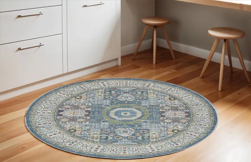 6' Ivory Blue and Green Oriental Distressed Non Skid Round Rug Photo 1
