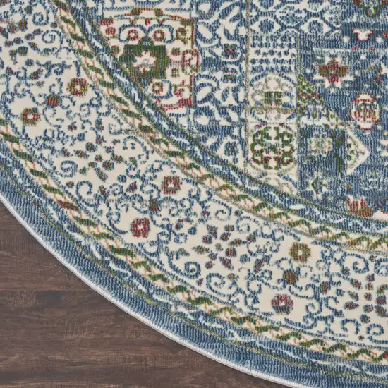 6' Ivory Blue and Green Oriental Distressed Non Skid Round Rug Photo 9