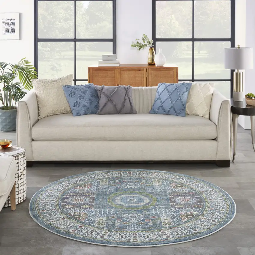 6' Ivory Blue and Green Oriental Distressed Non Skid Round Rug Photo 6