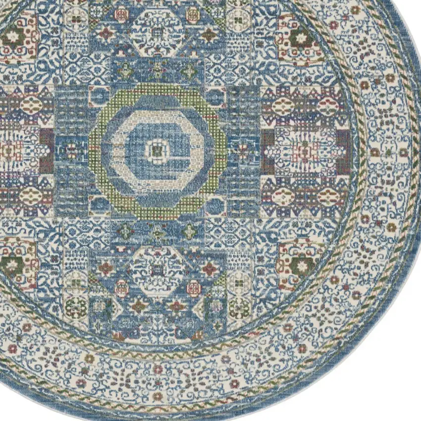 6' Ivory Blue and Green Oriental Distressed Non Skid Round Rug Photo 7