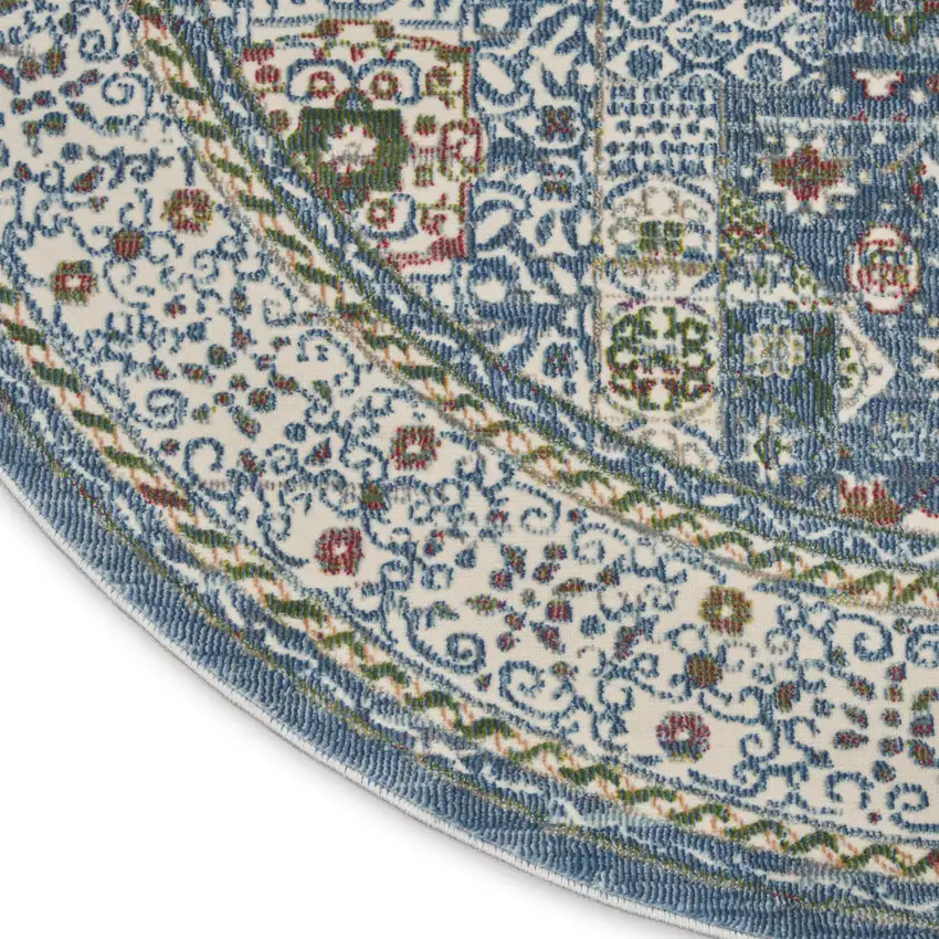 6' Ivory Blue and Green Oriental Distressed Non Skid Round Rug Photo 9
