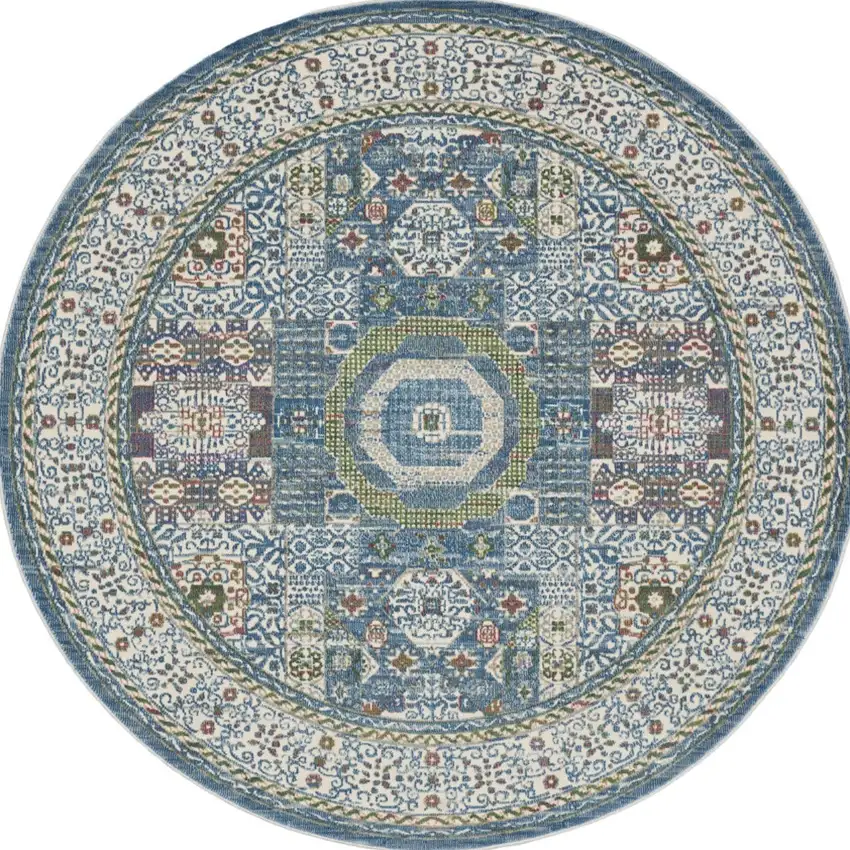 6' Ivory Blue and Green Oriental Distressed Non Skid Round Rug Photo 8