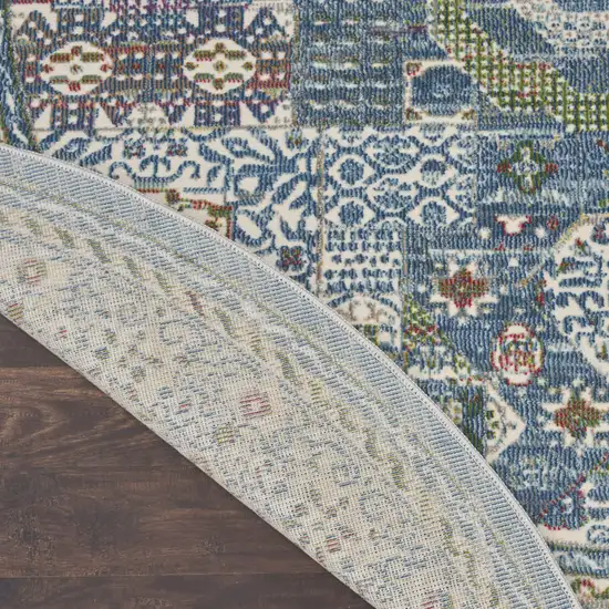 6' Ivory Blue and Green Oriental Distressed Non Skid Round Rug Photo 8