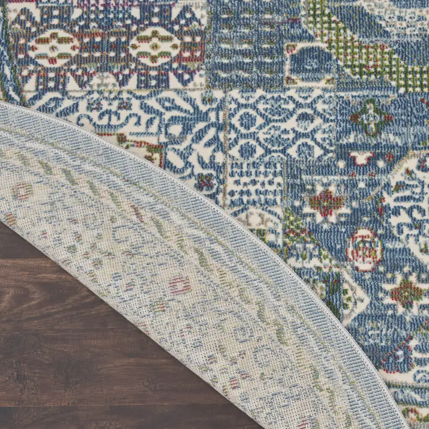 6' Ivory Blue and Green Oriental Distressed Non Skid Round Rug Photo 8