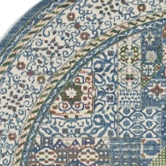 6' Ivory Blue and Green Oriental Distressed Non Skid Round Rug Photo 7