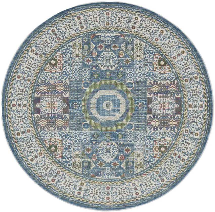 6' Ivory Blue and Green Oriental Distressed Non Skid Round Rug Photo 2