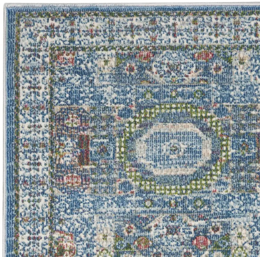 6' Ivory Blue and Green Oriental Distressed Non Skid Runner Rug Photo 7