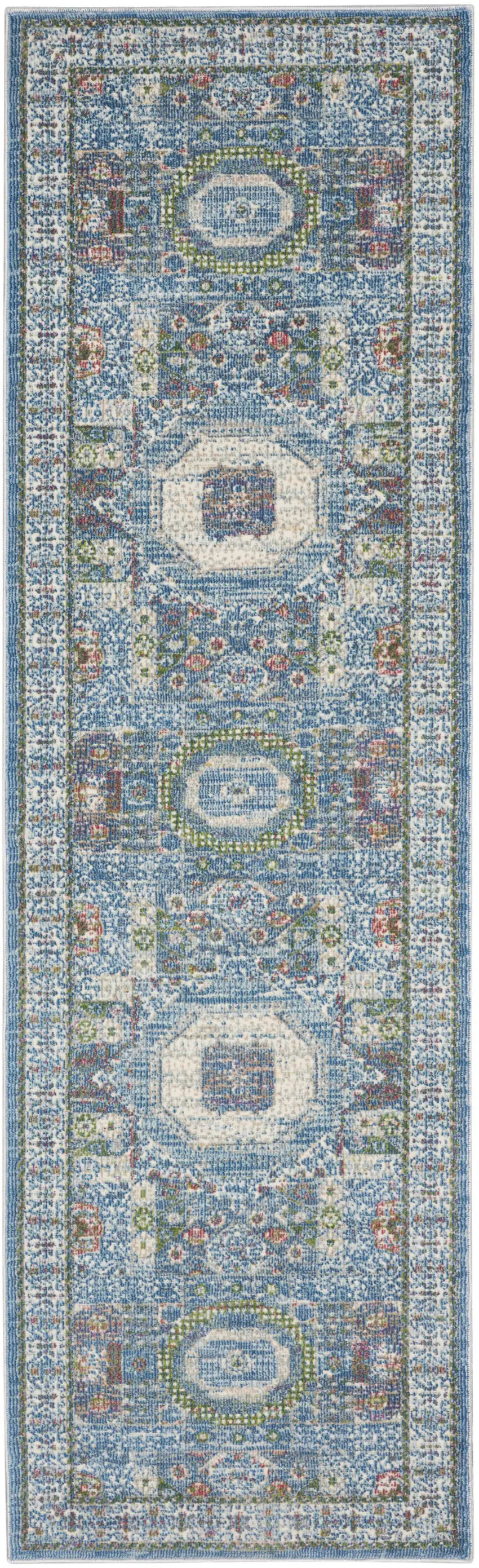 6' Ivory Blue and Green Oriental Distressed Non Skid Runner Rug Photo 1