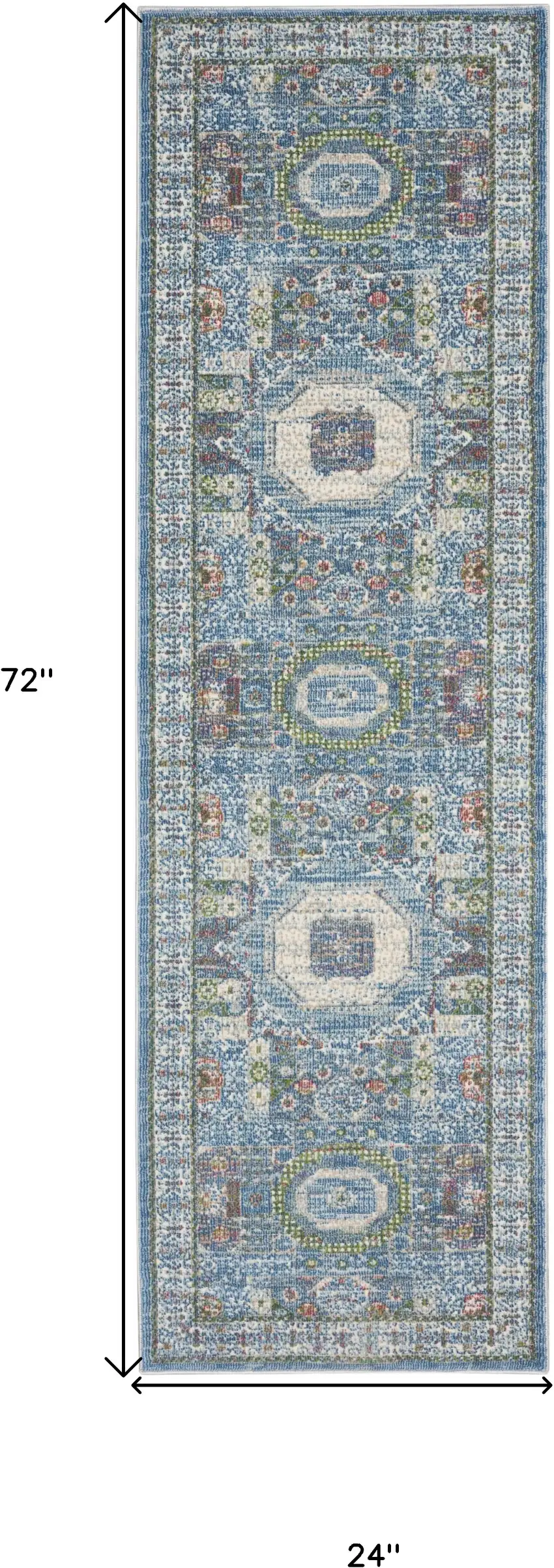6' Ivory Blue and Green Oriental Distressed Non Skid Runner Rug Photo 3