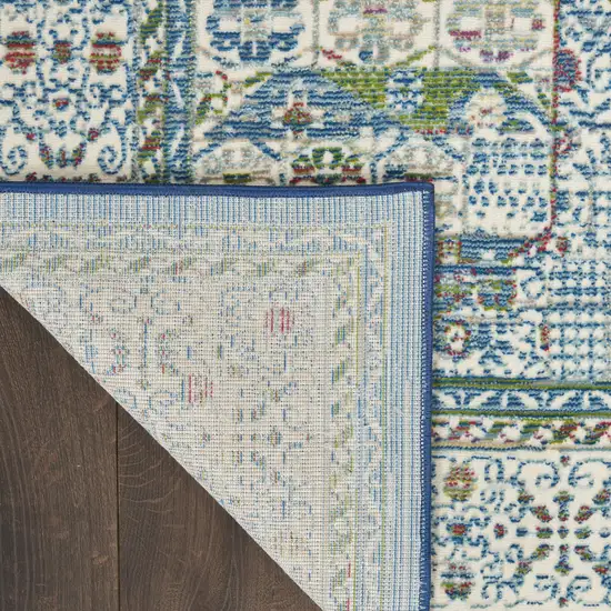 8' Ivory Blue and Green Oriental Distressed Non Skid Runner Rug Photo 9
