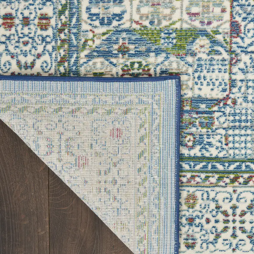 8' Ivory Blue and Green Oriental Distressed Non Skid Runner Rug Photo 9