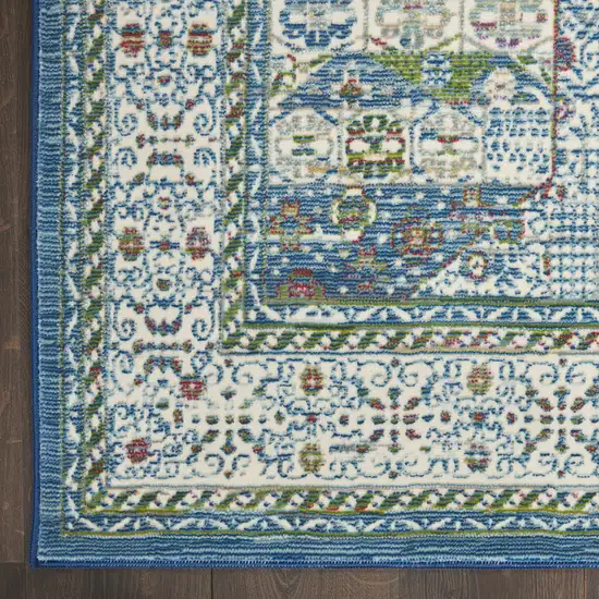 8' Ivory Blue and Green Oriental Distressed Non Skid Runner Rug Photo 9