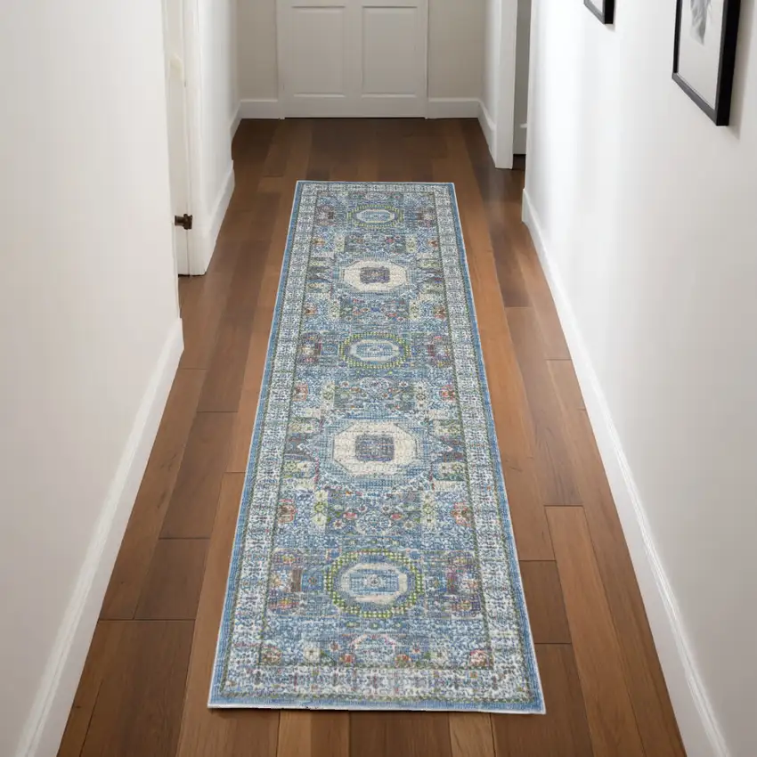 8' Ivory Blue and Green Oriental Distressed Non Skid Runner Rug Photo 1