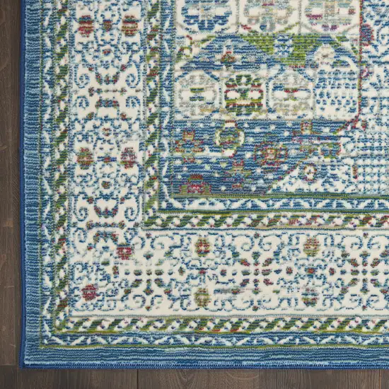 8' Ivory Blue and Green Oriental Distressed Non Skid Runner Rug Photo 4