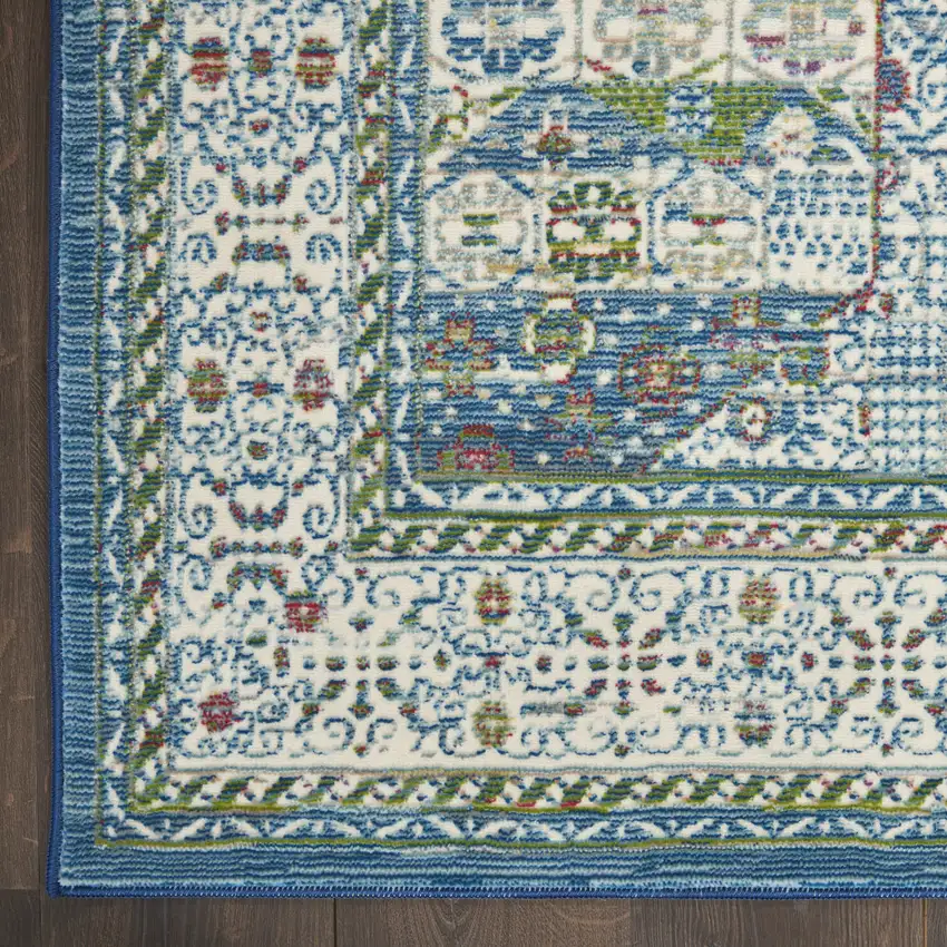 8' Ivory Blue and Green Oriental Distressed Non Skid Runner Rug Photo 4