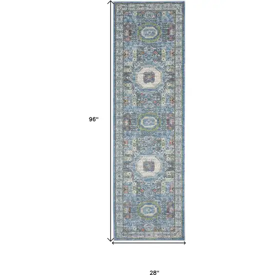 8' Ivory Blue and Green Oriental Distressed Non Skid Runner Rug Photo 3
