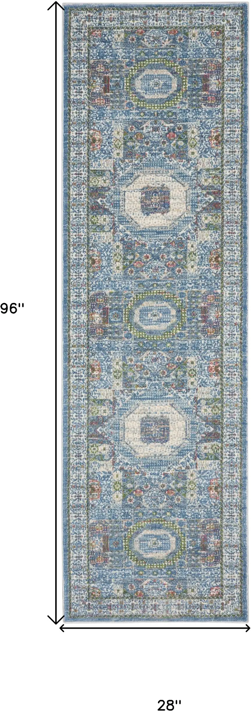 8' Ivory Blue and Green Oriental Distressed Non Skid Runner Rug Photo 3