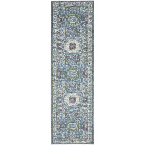 8' Ivory Blue and Green Oriental Distressed Non Skid Runner Rug Photo 1