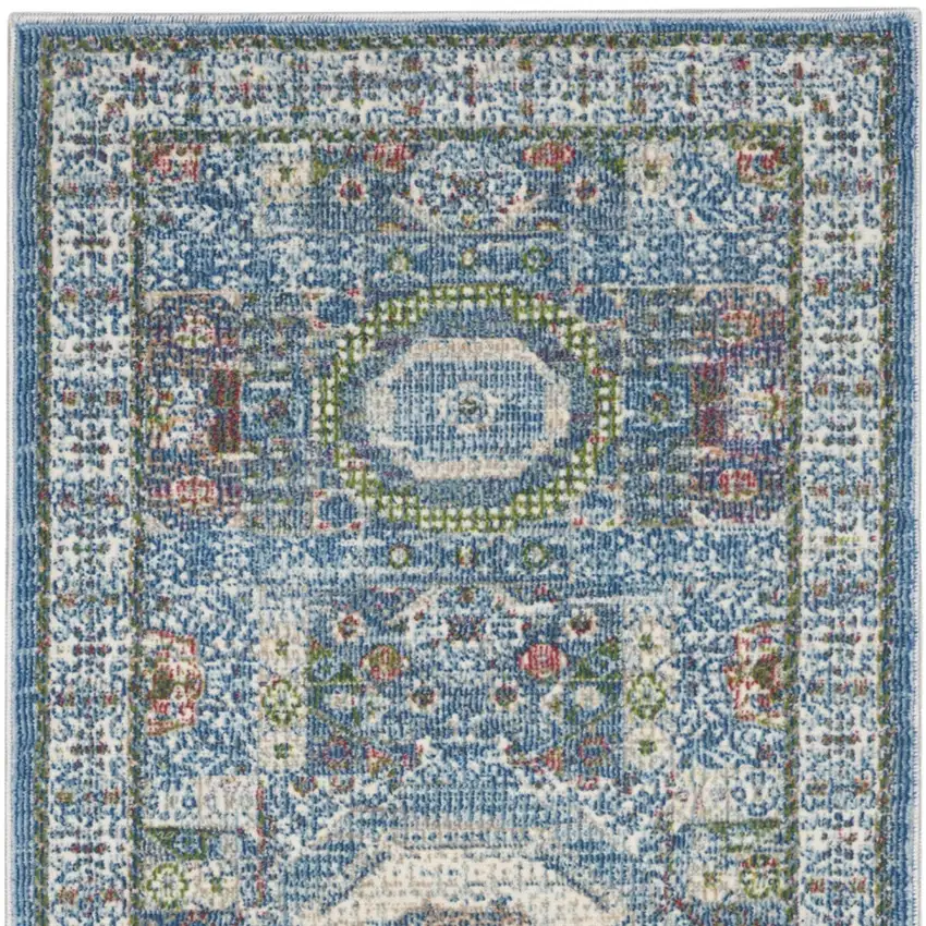 8' Ivory Blue and Green Oriental Distressed Non Skid Runner Rug Photo 7