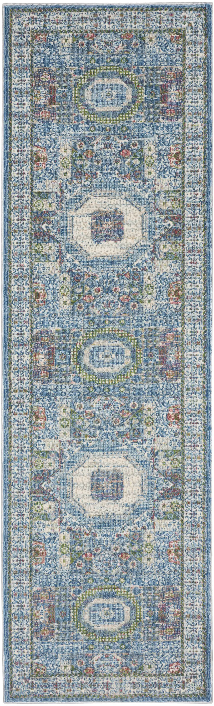 8' Ivory Blue and Green Oriental Distressed Non Skid Runner Rug Photo 2