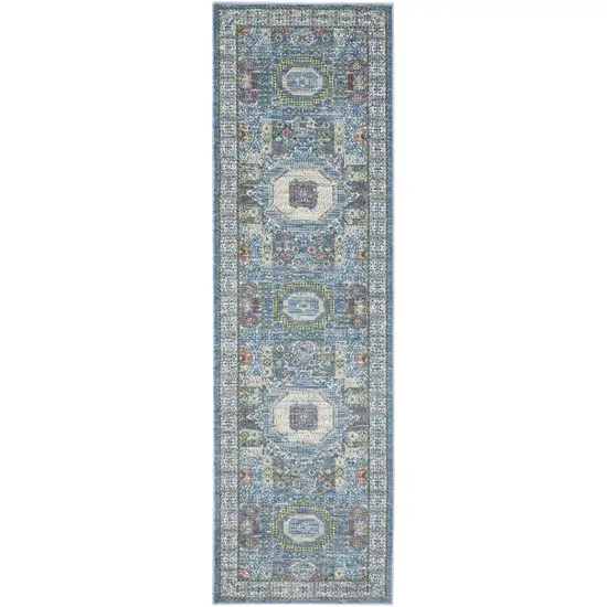 8' Ivory Blue and Green Oriental Distressed Non Skid Runner Rug Photo 8
