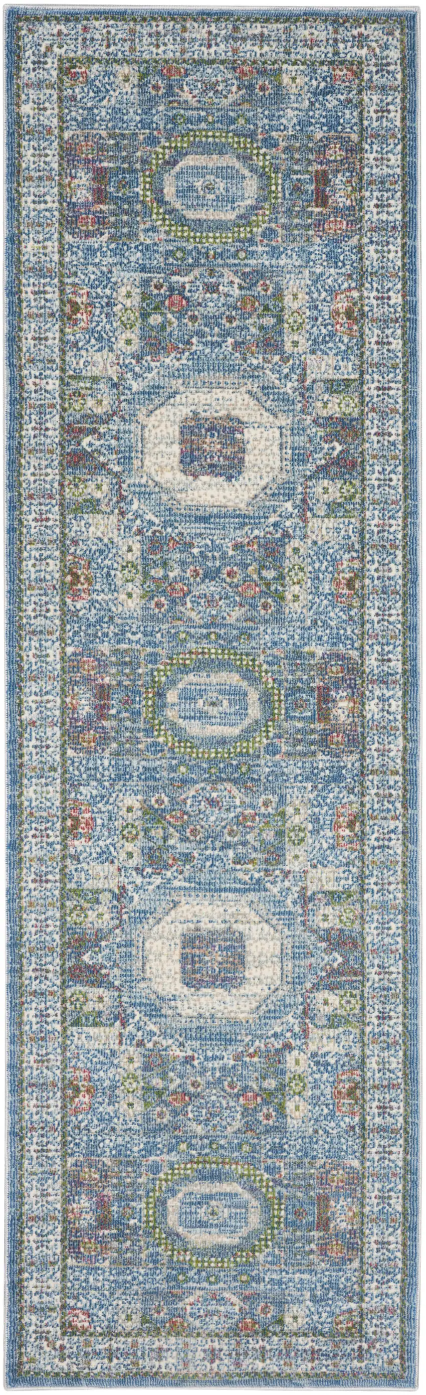 8' Ivory Blue and Green Oriental Distressed Non Skid Runner Rug Photo 8