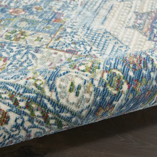 8' Ivory Blue and Green Oriental Distressed Non Skid Runner Rug Photo 6