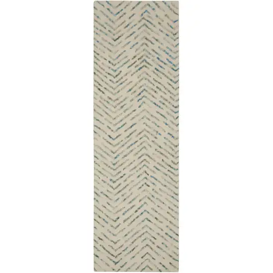 8' Ivory Blue and Green Wool Abstract Runner Rug Photo 1