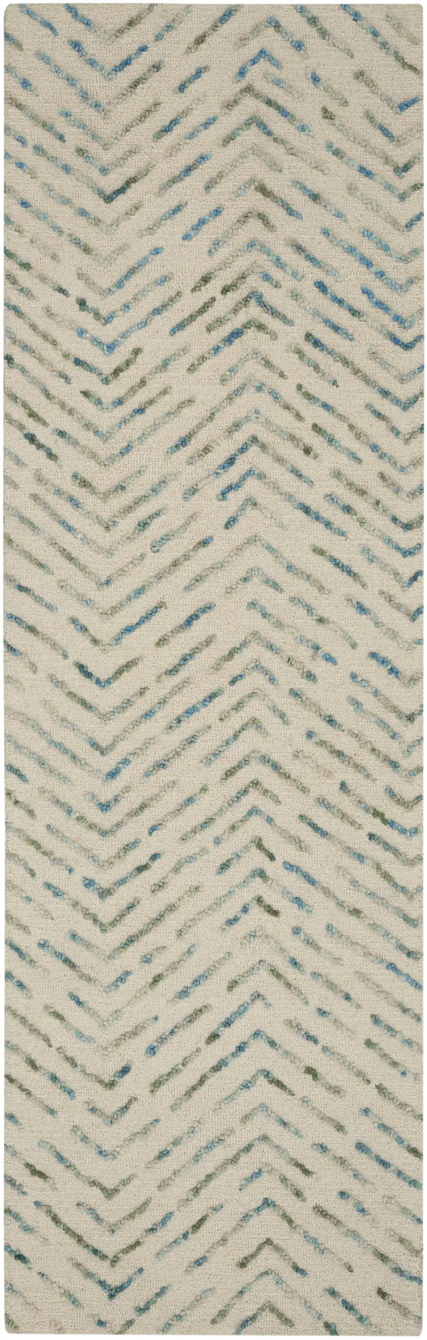 8' Ivory Blue and Green Wool Abstract Runner Rug Photo 1