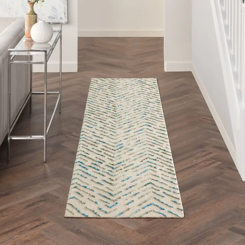 8' Ivory Blue and Green Wool Abstract Runner Rug Photo 3