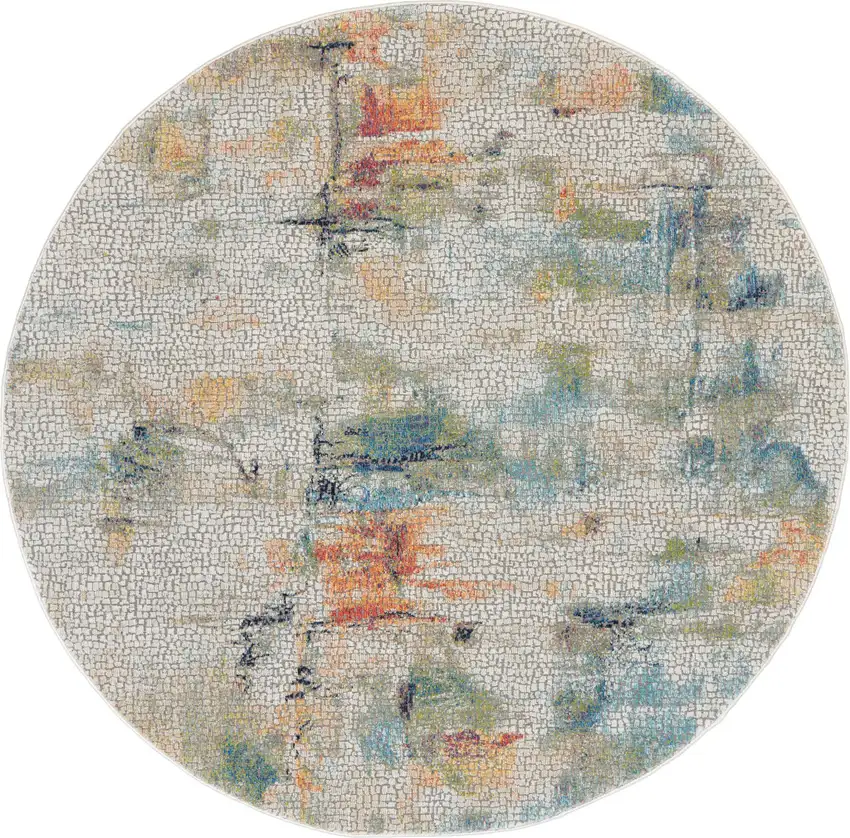 4' Ivory Blue and Orange Abstract Distressed Non Skid Round Rug Photo 2