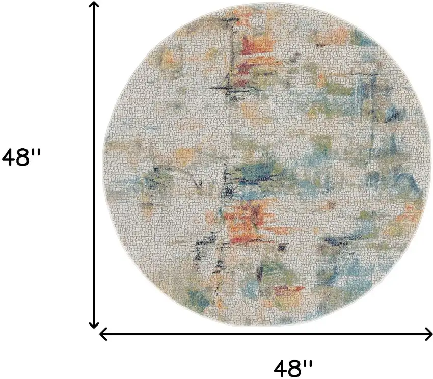 4' Ivory Blue and Orange Abstract Distressed Non Skid Round Rug Photo 3