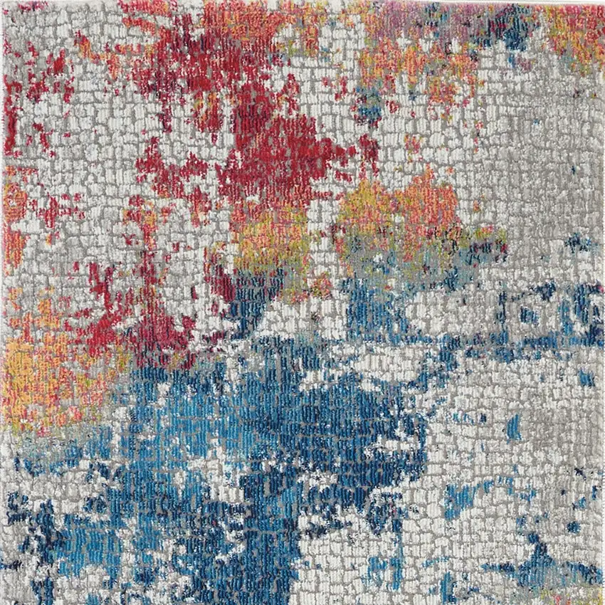 6' Ivory Blue and Orange Abstract Distressed Non Skid Runner Rug Photo 8
